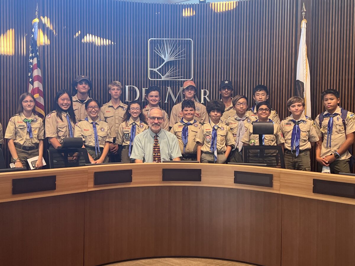 Scouts from Girls and Boys Troop 713 at their meeting with Del Mar Mayor Dwight Worden on Aug. 31.