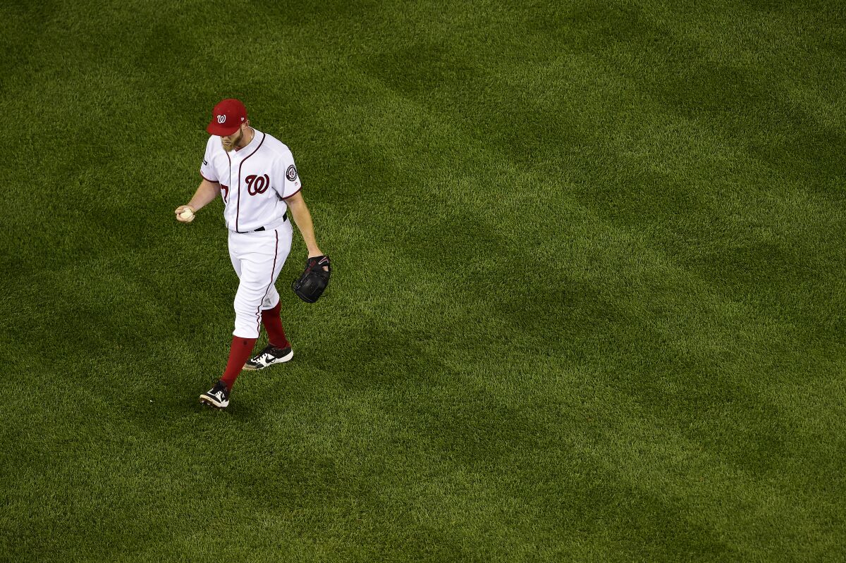 Washington Nationals starter Stephen Strasburg prepares to pitch in the eighth inning against the Milwaukee Brewers on Tuesday.