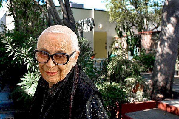 Wayne is seen here at age 89 in the courtyard of her Tamarind Avenue studio in Los Angeles in February 2008. See obituary