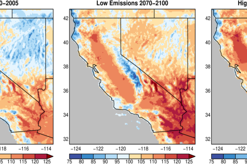SIO figure: fine-scale (6 km) projected changes in California’s average hottest day of the year by the end of this century