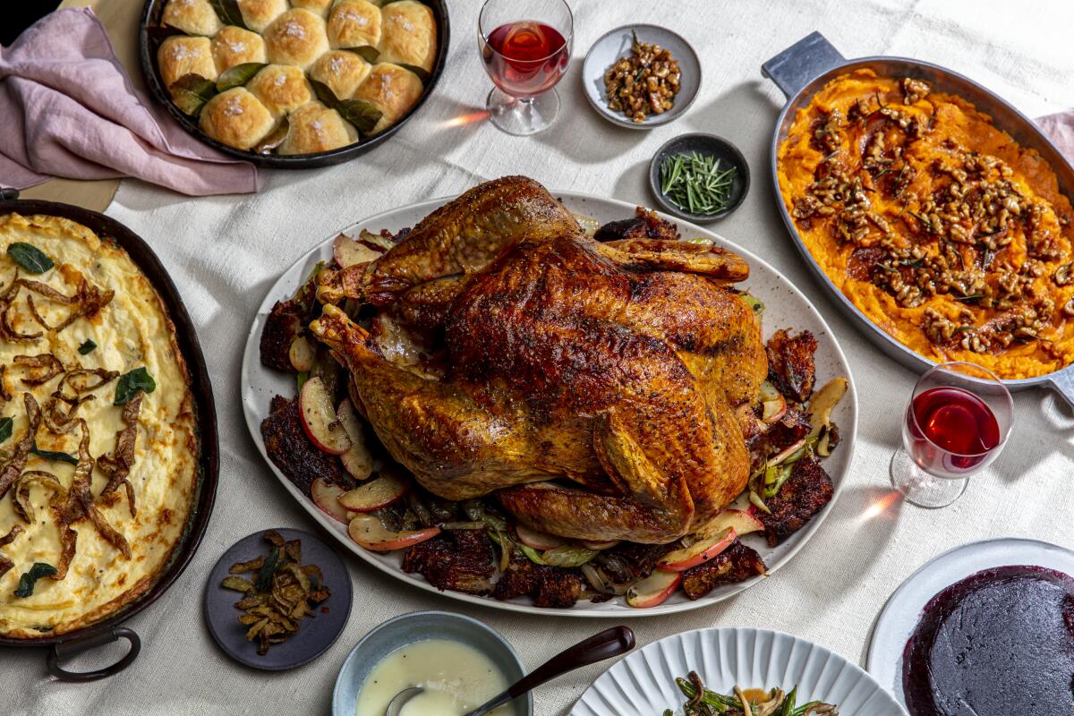 A Thanksgiving meal set out on a table