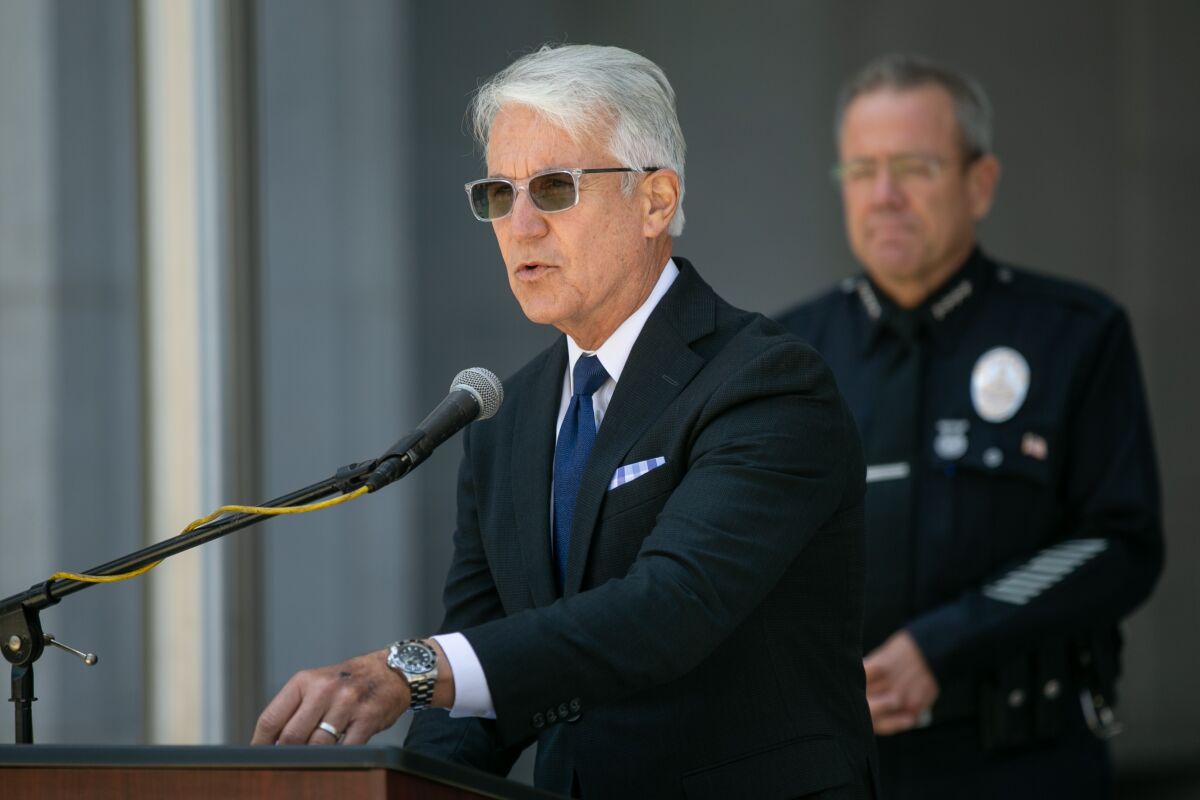 Los Angeles County Dist. Atty. George Gascón with LAPD Chief Michel Moore on June 30. 
