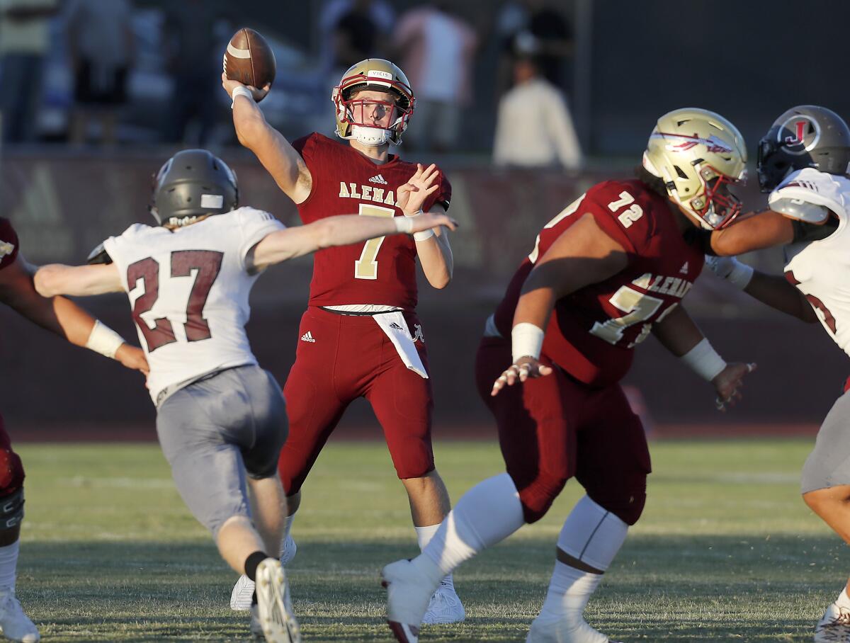 Alemany quarterback Miller Moss throws downfield against against Jordan High School (Utah)  in the first quarter on Friday.