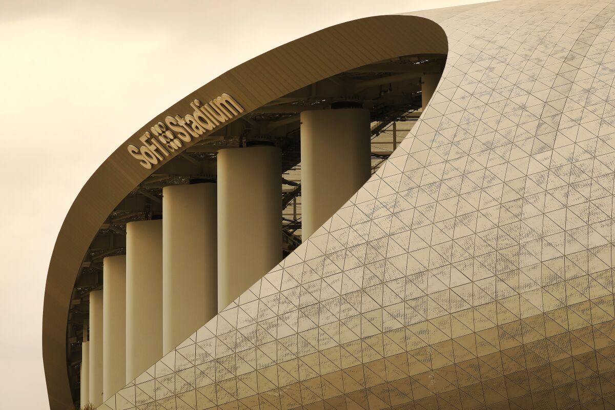 An exterior view shows the "SoFi Stadium" sign.