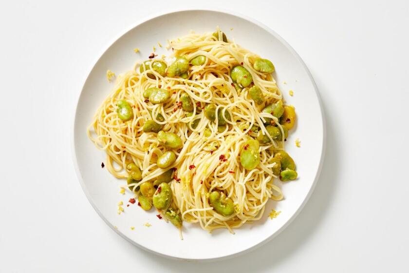 Fava beans combine with lemon, chile flakes, and wine for a vegetarian spin on scampi pasta. 