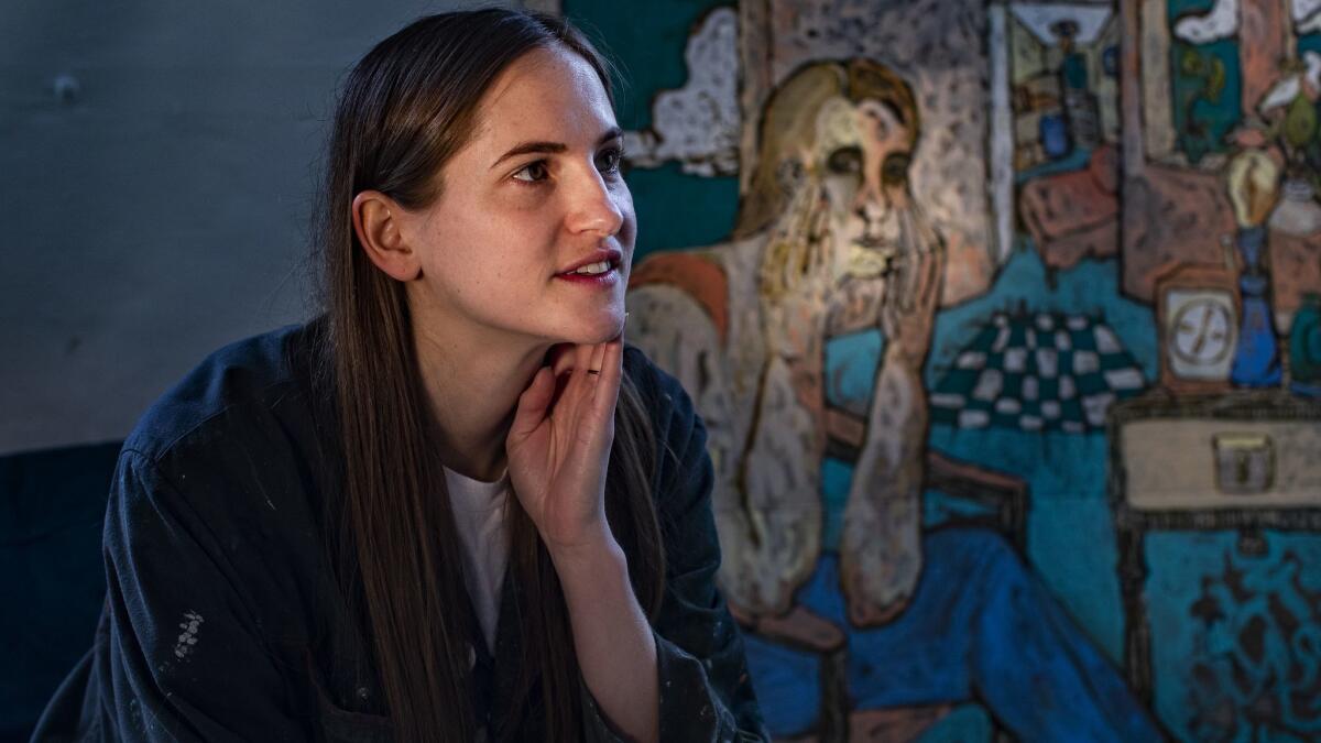Artist Gretchen Andrew in her downtown L.A. studio. Her "Frieze Los Angeles" project includes a satiric website and search-engine-optimized images designed to insert herself into an international art fair where she otherwise would have no presence.