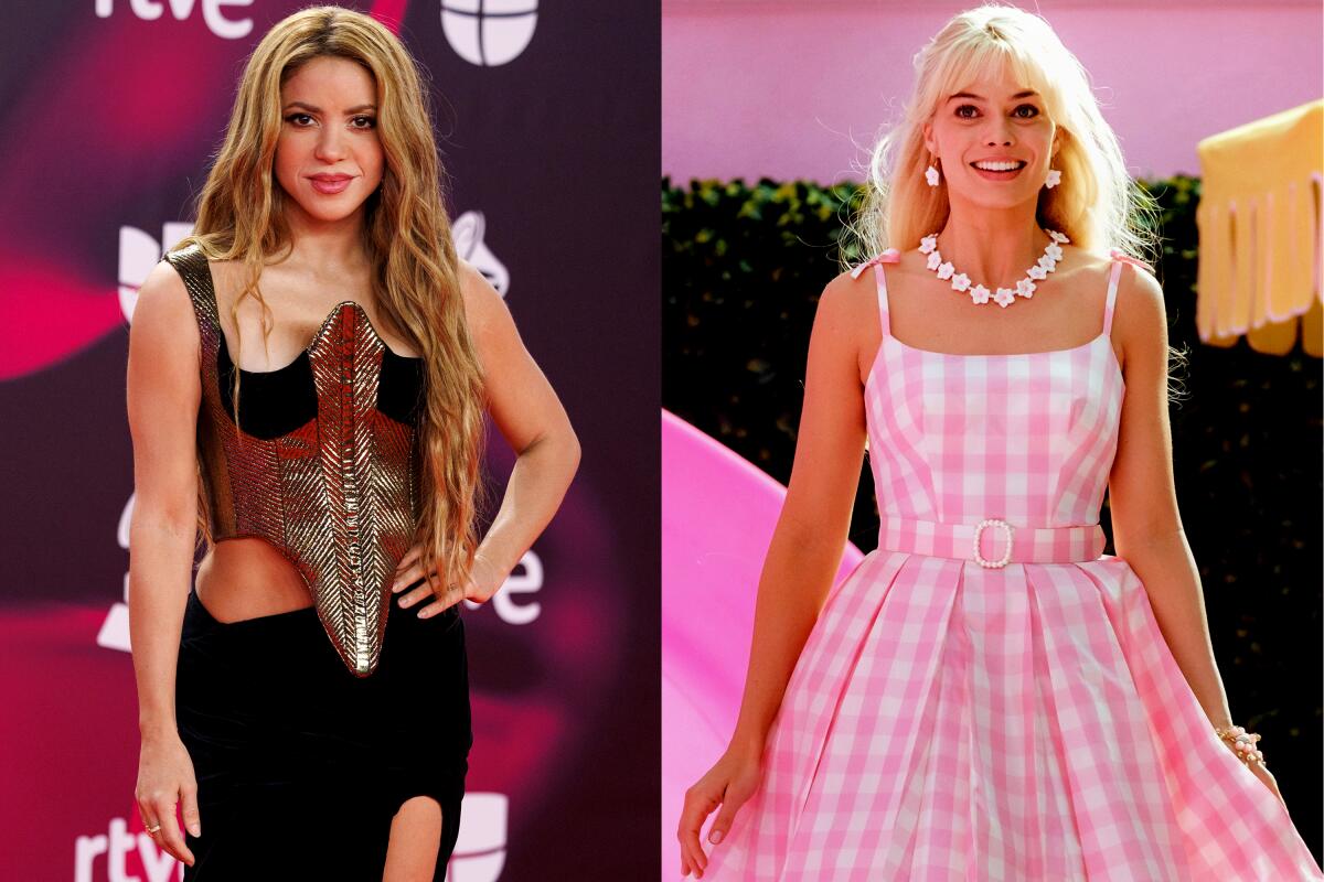 A split image of Shakira, in a black dress with gold armor-like bustier, and Margot Robbie, in a gingham pink dress.