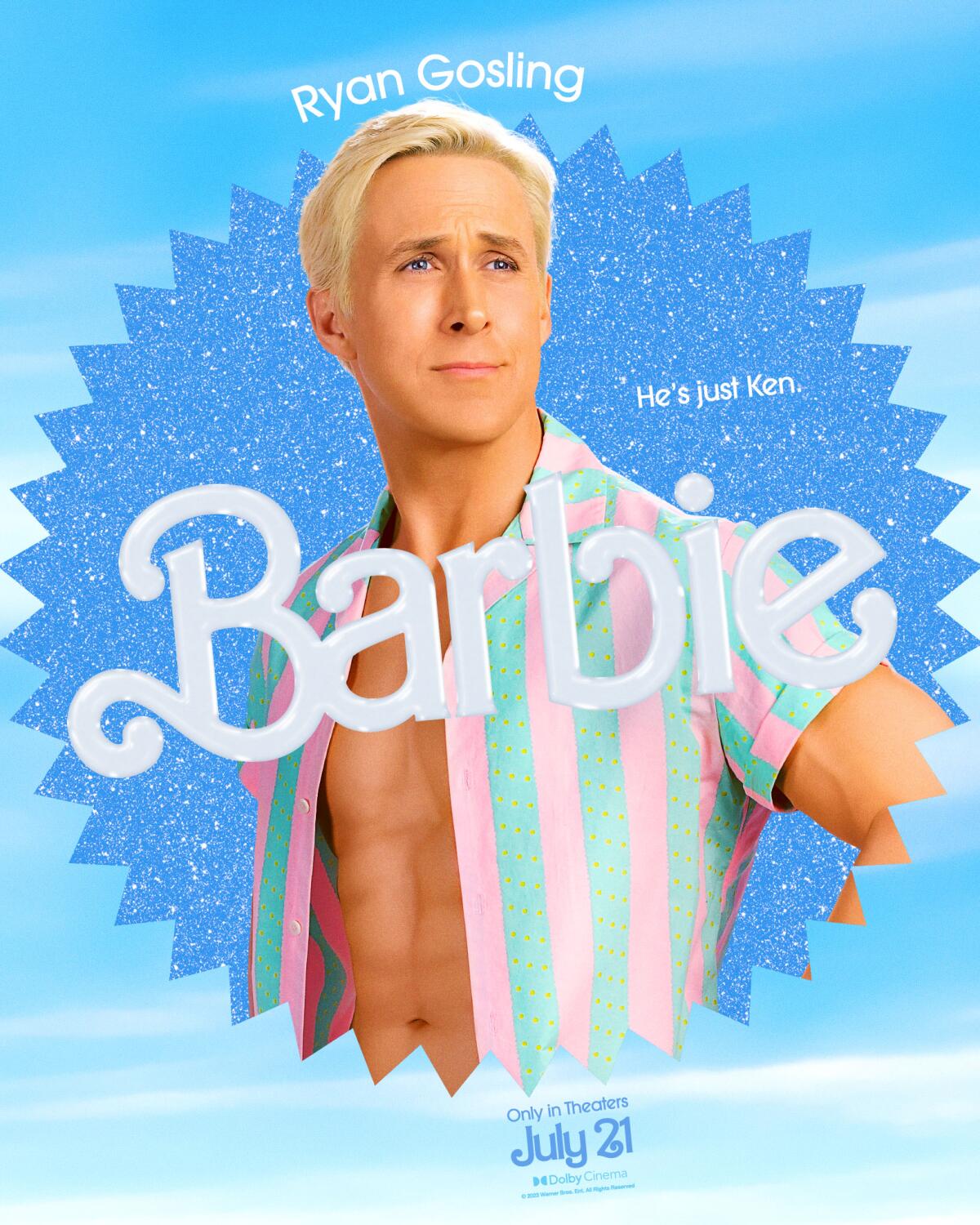 Ryan Gosling poses with his hands on his hips in a "Barbie" movie poster. He wears an unbuttoned, blue-and-pink striped shirt