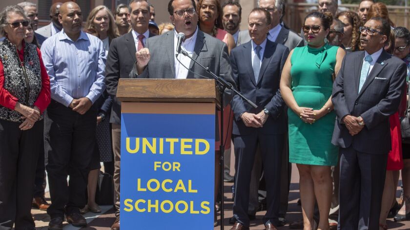 Alex Caputo-Pearl, president of United Teachers Los Angeles, talks about the defeat of Measure EE at Western Avenue Elementary School in South L.A. on June 5.