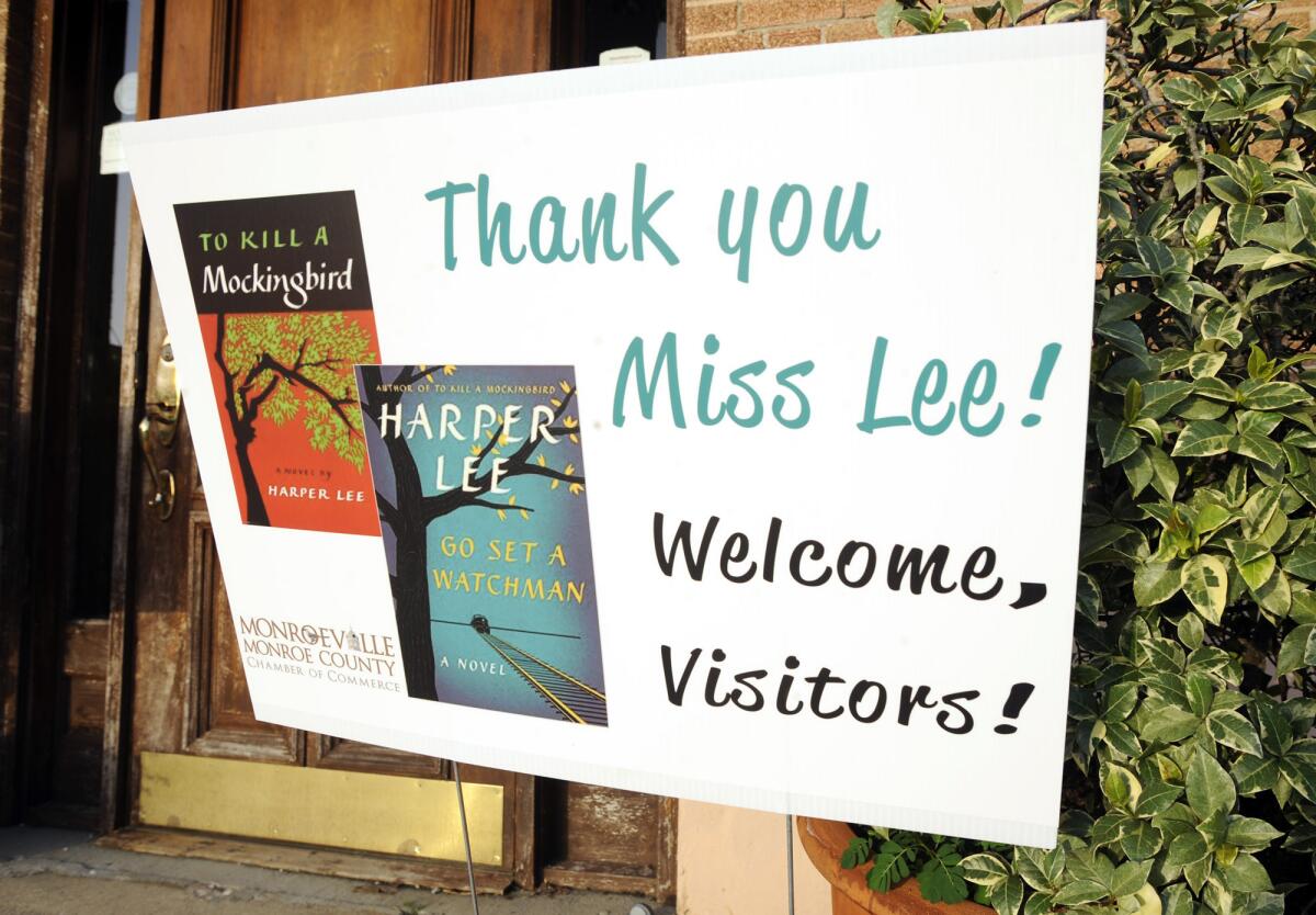 A sign welcoms fans to Monroeville, Ala., the hometown of author Harper Lee and model for the town of Maycomb in "To Kill a Mockingbird." Anticipation is building for Tuesday's release of Lee's second book, "Go Set a Watchman."