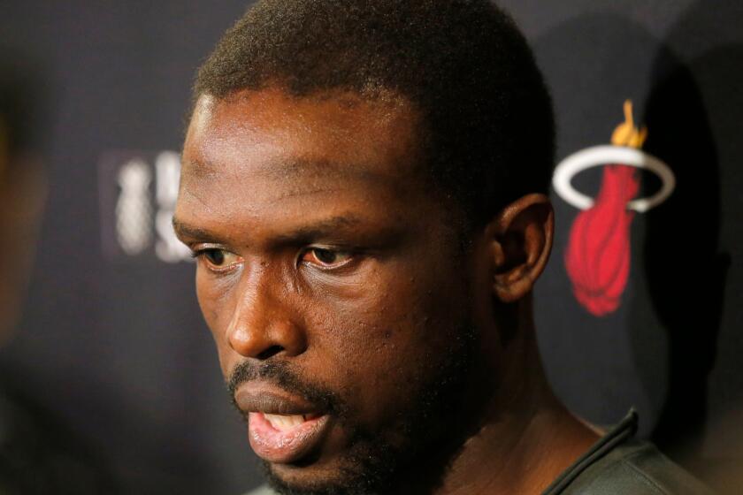 Miami Heat forward Luol Deng speaks to reporters Tuesday, May 17, 2016, in Miami.