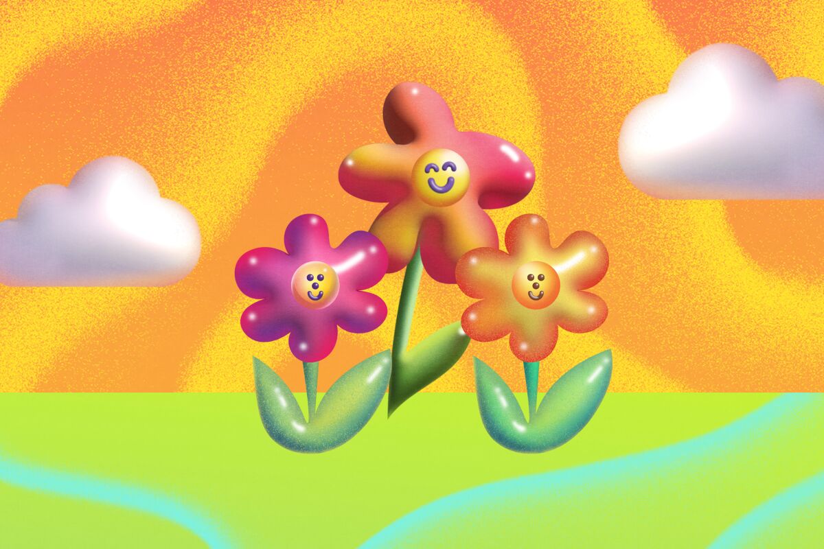 Illustration of a trio of poppies smiling in front of puffy white clouds on a colorful background