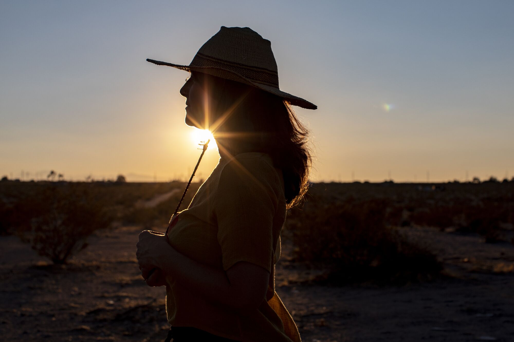 Author Claire Vaye Watkins is silhouetted against a desert landscape at sunset.