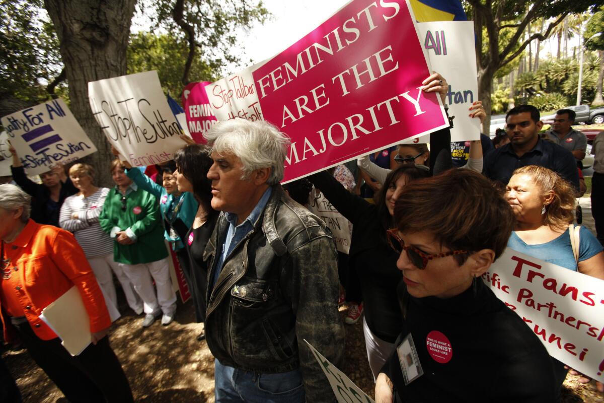 Jay Leno joins a demonstration Monday calling for a boycott of the Beverly Hills Hotel over the human-rights record of the government of Brunei, which owns the hotel.