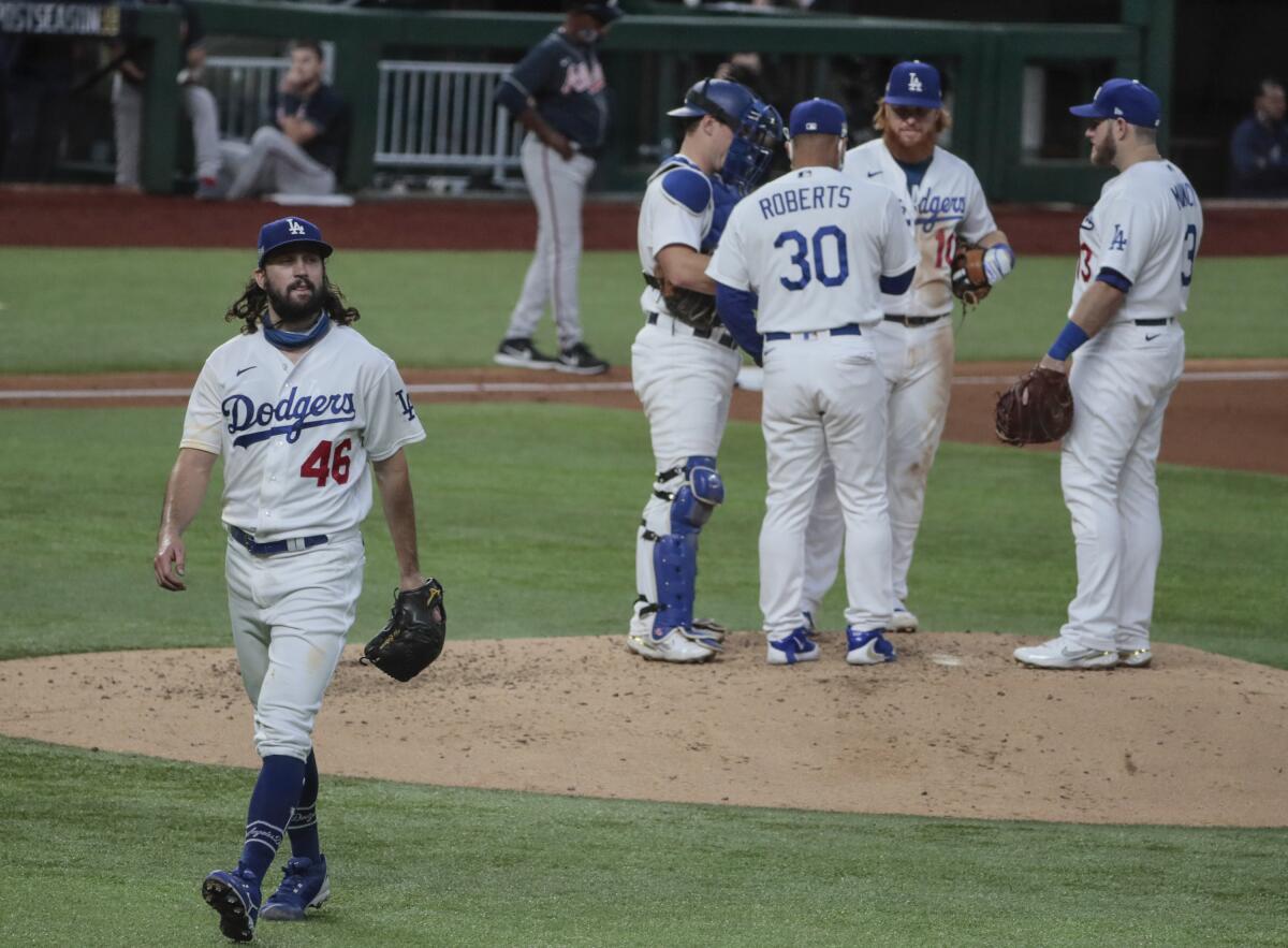Dodgers starting pitcher Tony Gonsolin is pulled from the game during the fifth inning of Game 2.