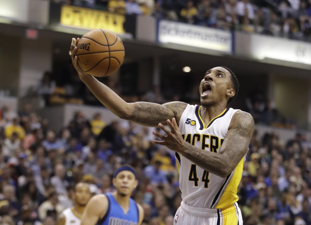 Pacers point guard Jeff Teague puts up a shot during the second half of a game against the Dallas Mavericks on Oct. 26.