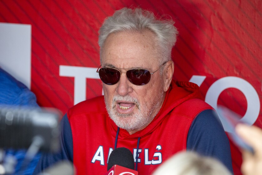 Los Angeles Angels manager Joe Maddon talks to the media before a baseball game 