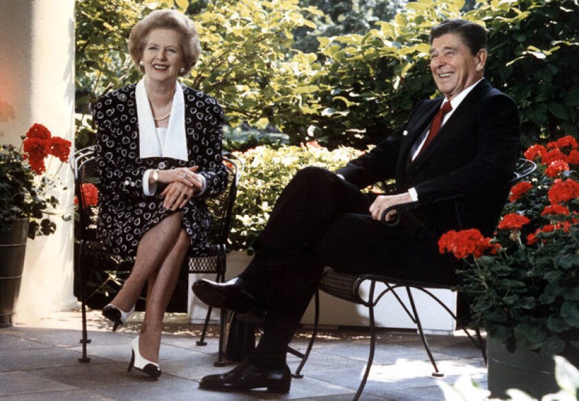British Prime Minister Margaret Thatcher with President Reagan outside the Oval Office in Washington, D.C.