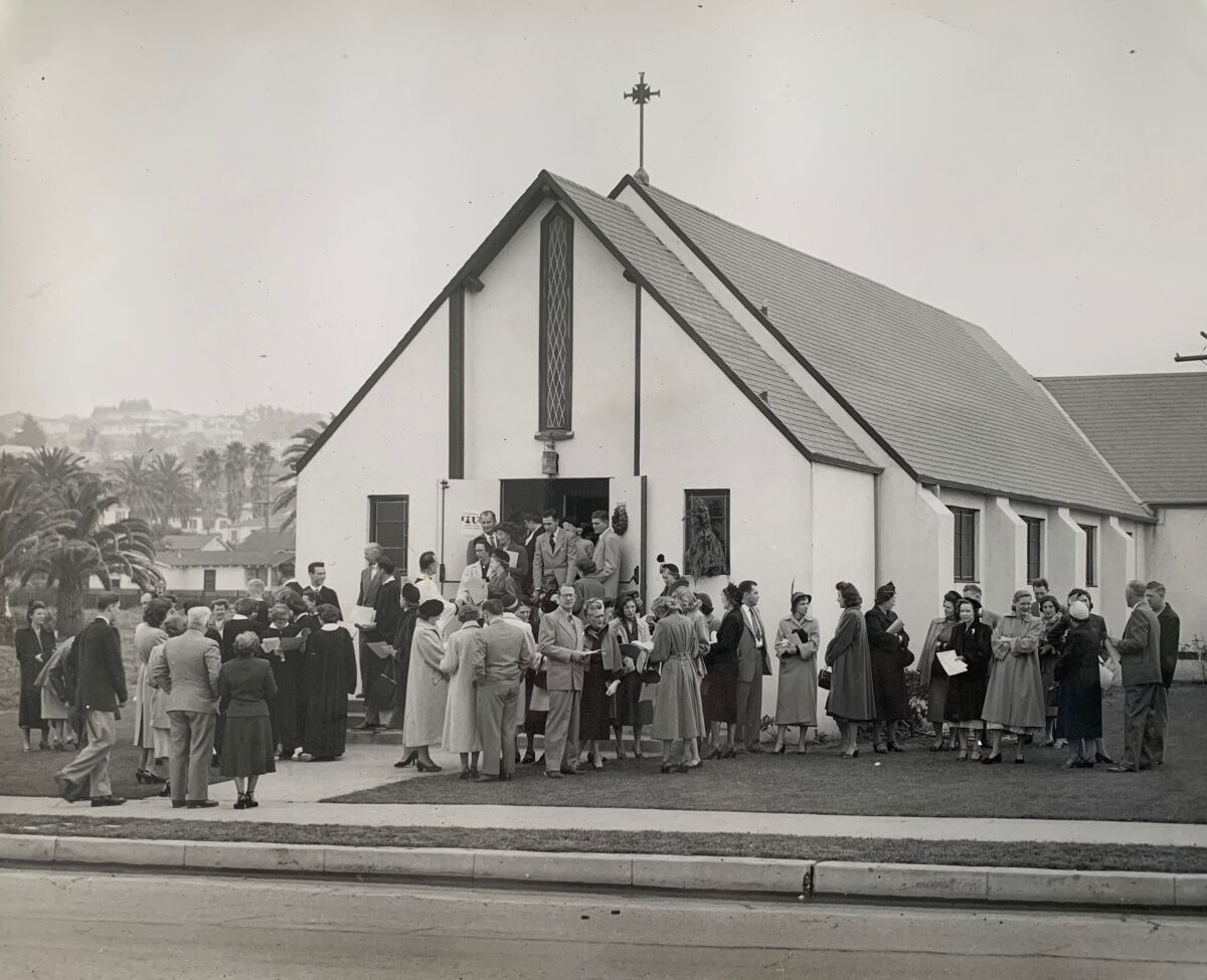 The congregation gathers outside St. Peter’s by the Sea Lutheran Church in its early days.