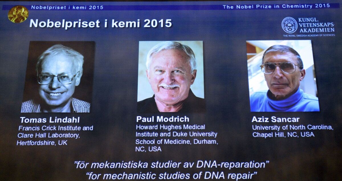 Tomas Lindahl, Paul Modrich and Aziz Sancar have earned the 2015 Nobel Prize in chemistry for their studies of DNA repair.