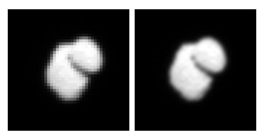 An image of comet 67P/Churyumov-Gerasimenko (left) and the corresponding "smoothed-out" version show that the comet might be a two-bodied object, according to data from the Rosetta spacecraft's OSIRIS camera.