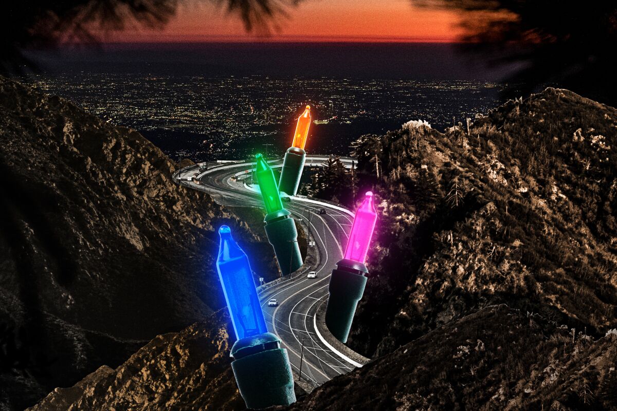 An illustration of giant Christmas lights alongside a highway that snakes through a few mountains.