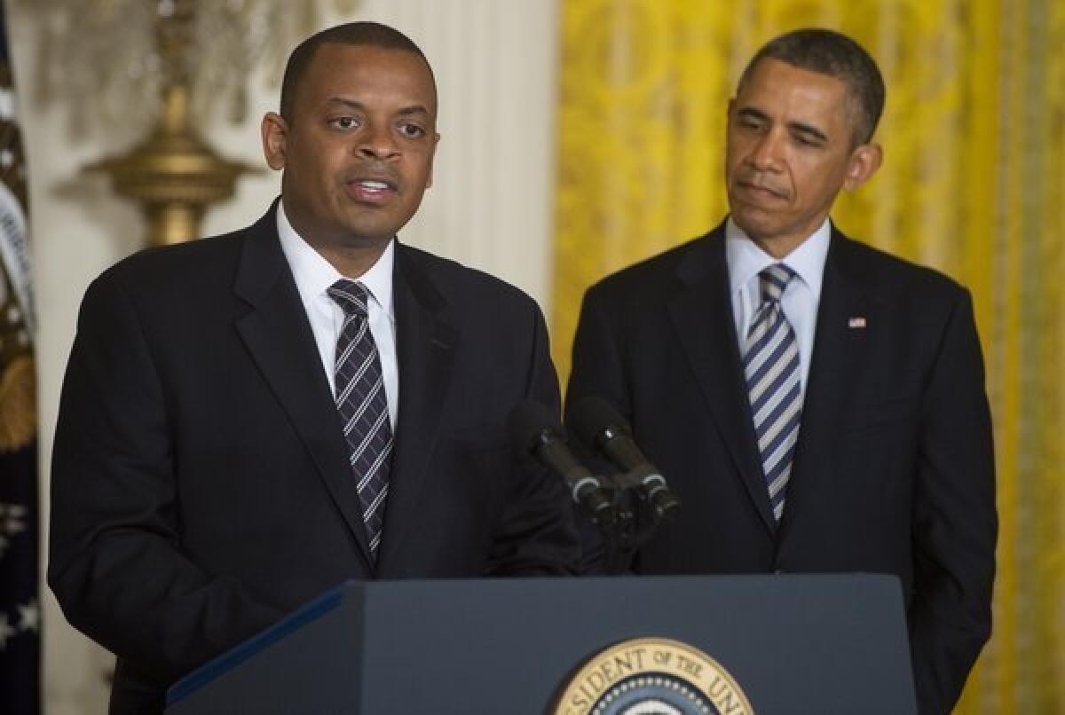 Charlotte, N.C., Mayor Anthony Foxx speaks alongside President Obama in the East Room of the White House after Obama announced Foxx as his nominee to be the next secretary of Transportation.