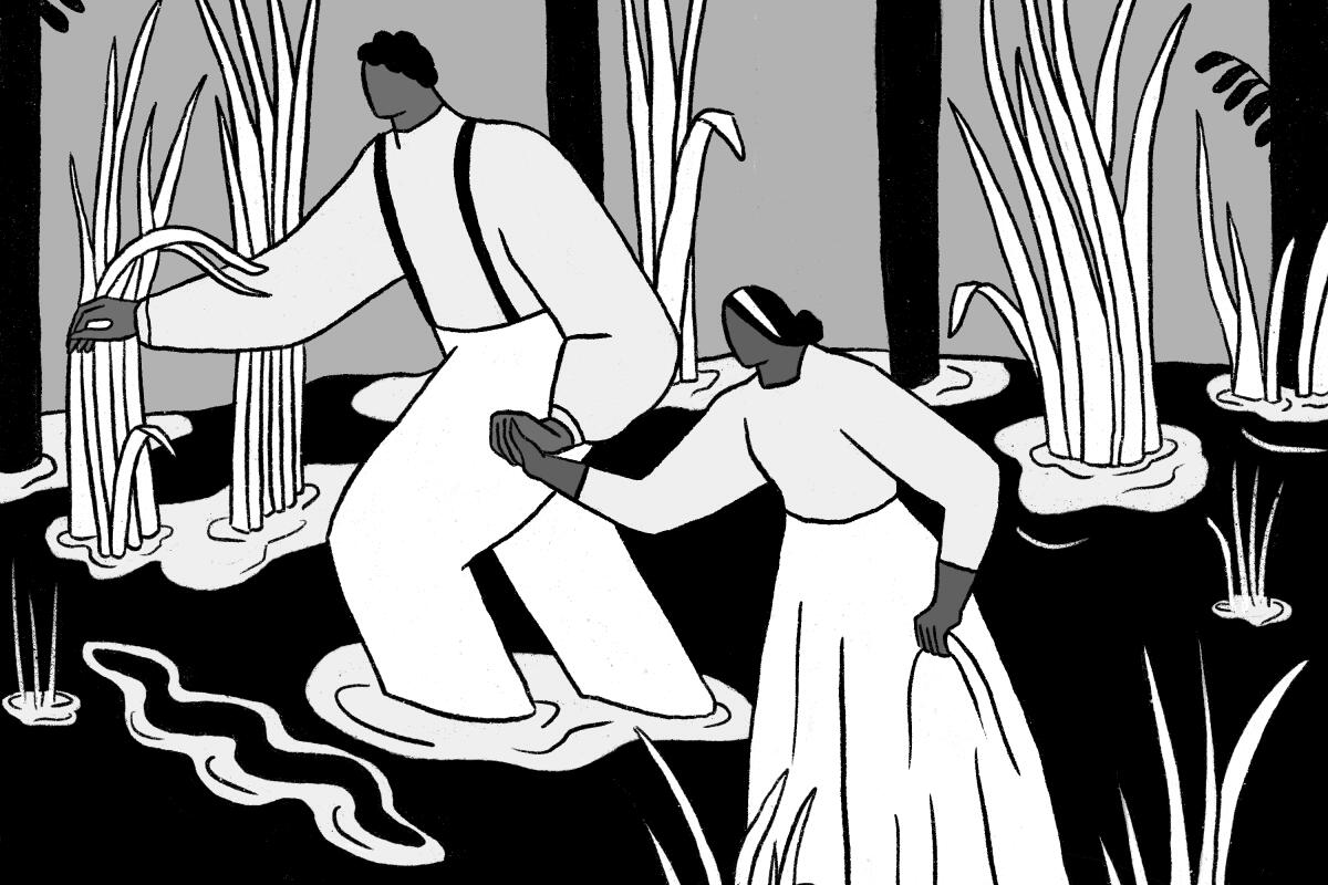 A black and white illustration of a man and woman escaping through a swamp.