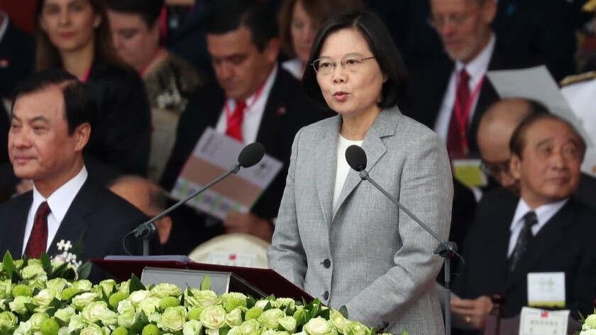 Taiwanese President Tsai Ing-wen speaks during the Taiwan National Day celebrations in Taipei on Oct. 10, 2018.