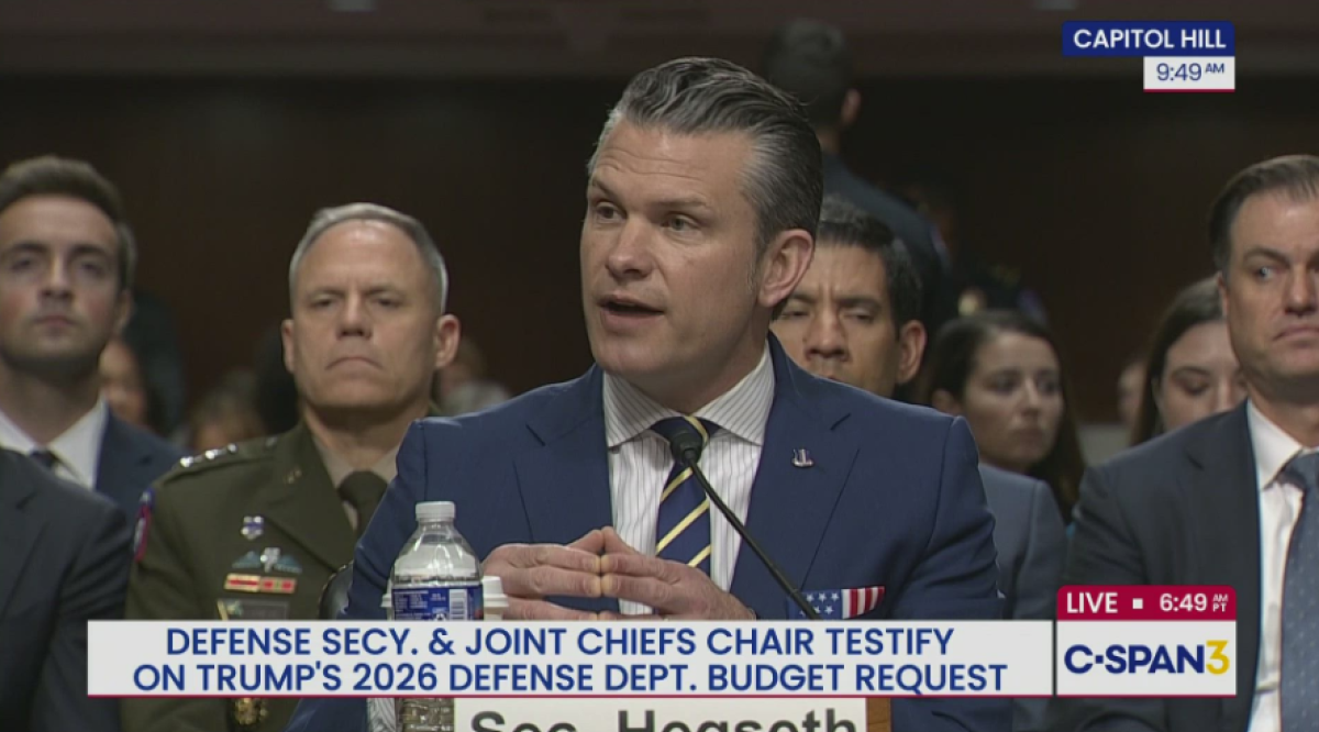 A C-SPAN telecast of Defense Secretary Pete Hegseth testifying before Congress.