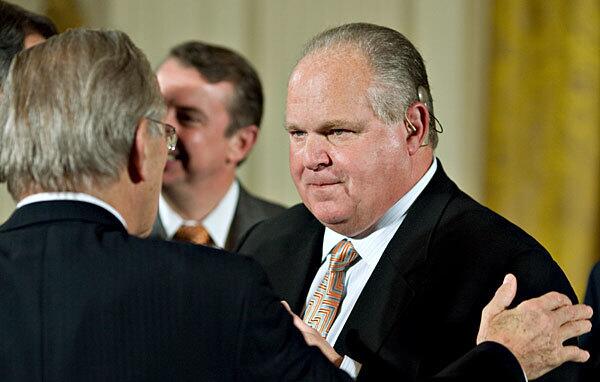 Rush Limbaugh talks with former Defense Secretary Donald Rumsfeld in the East Room of the White House in January 2009, a few days after then-Vice President Dick Cheney said he'd rather follow Limbaugh into combat -- political combat, that is, over the future of the Republican Party -- than former Joint Chiefs Chairman Colin Powell.