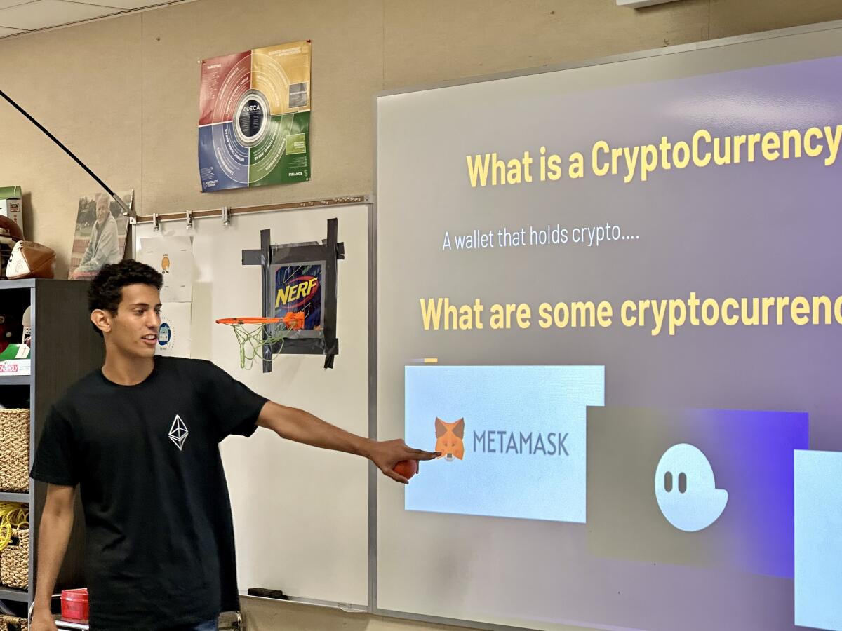 Nathan Benhaim speaks at a recent Crypto Club meeting.
