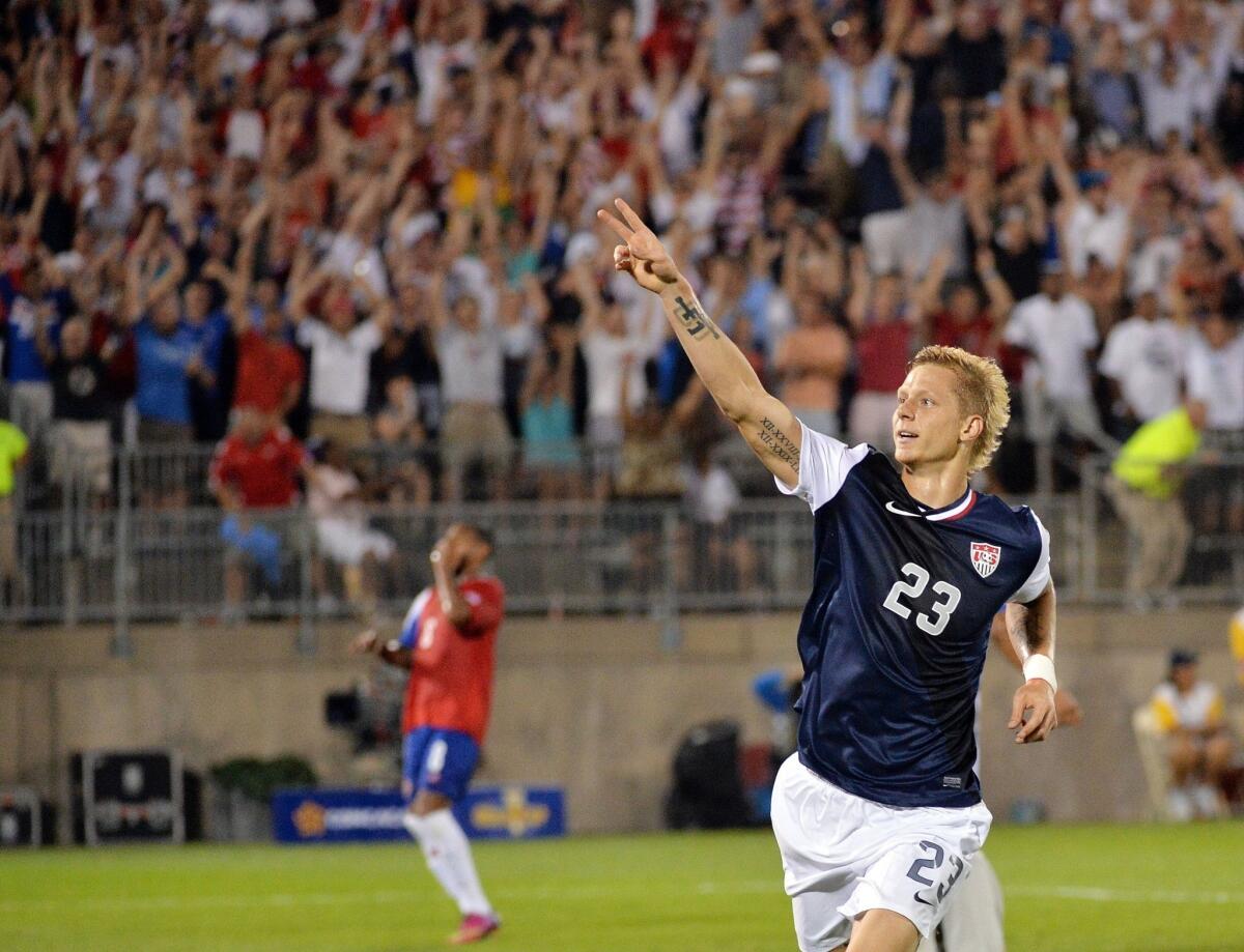 Brek Shea celebrates after scoring late in the second half of the U.S. national team's 1-0 victory over Costa Rica in a CONCACAF Gold Cup match on Tuesday.