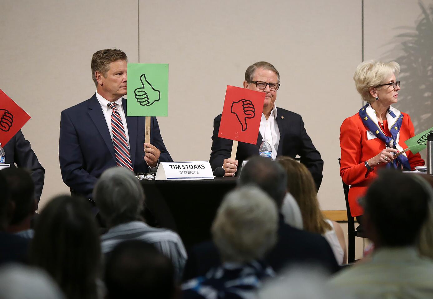 Candidates Tim Stoaks, left, and Mayor Marshall "Duffy" Duffield hold up placards showing their opposing views on a question during the first Newport Beach City Council candidates forum of the 2018 election season Thursday.