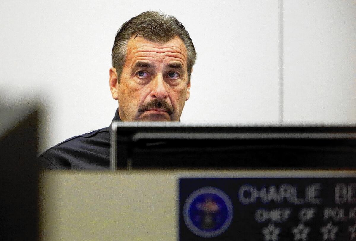 LAPD Chief Charlie Beck at the Los Angeles Police Commission meeting where he was appointed to a second term on a 4-1 vote.