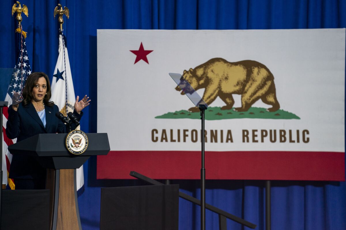 Kamala Harris speaks last week in front of a California flag.