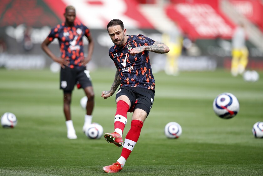 FILE - In this Saturday, May 15, 2021 file photo, Southampton's Danny Ings during warm up before their English Premier League soccer match against Fulham at St. Mary's Stadium in Southampton, England. Aston Villa has signed striker Danny Ings from Southampton to a three-year contract, it was announced Wednesday, Aug. 4. The Birmingham club paid an undisclosed transfer fee for Ings amid widespread reports that it is also negotiating a record fee from Manchester City for midfielder Jack Grealish. (Peter Cziborra/Pool via AP, file)