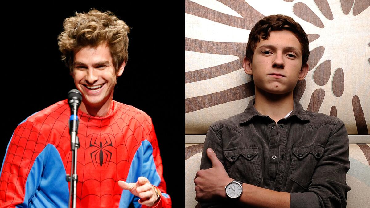 Andrew Garfield, left, played Spider-Man in "The Amazing Spider-Man" and "The Amazing Spider-Man 2." Tom Holland has been cast as the superhero in the next Spider-Man movie.
