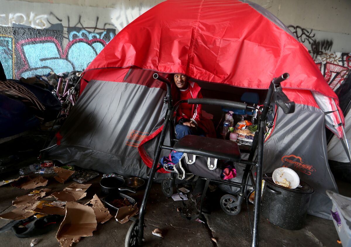A homeless woman named Shon sits in a tent under the 405 Freeway bridge over Venice Boulevard in Culver City.