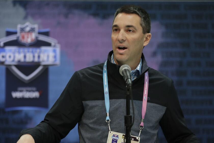 Los Angeles Chargers general manager Tom Telesco speaks during a press conference at the NFL football scouting combine in Indianapolis, Thursday, Feb. 28, 2019. (AP Photo/Michael Conroy)