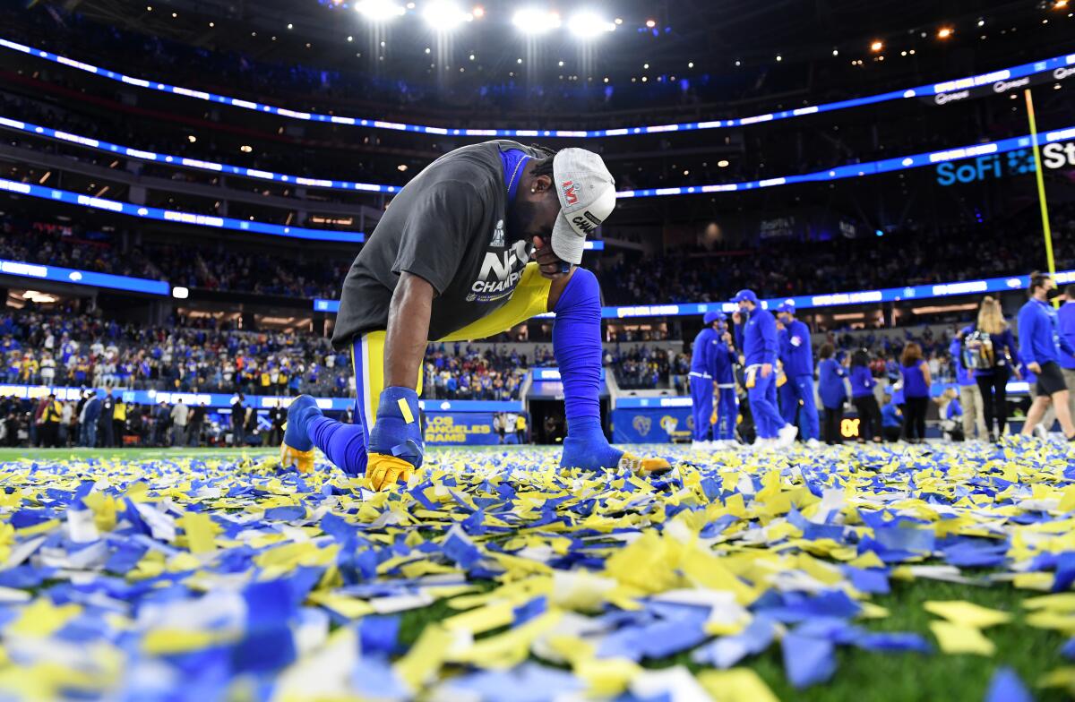 Rams strong safety Nick Scott reflects on the field after beating the San Francisco 49ers.