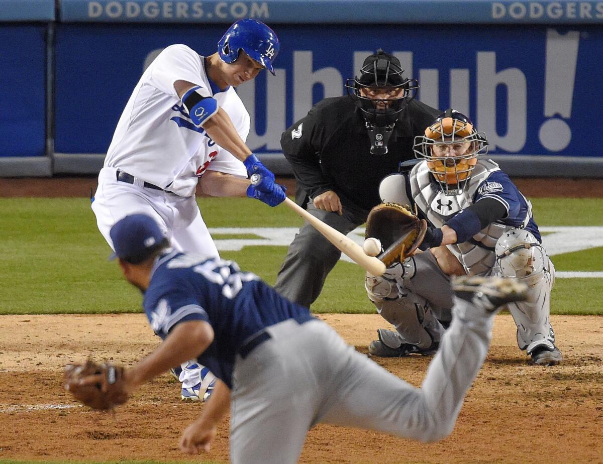 Dodgers outfielder Joc Pederson hits a solo home run off of San Diego Padres reliever Joaquin Benoit in the eighth inning. The Dodgers beat the Padres, 2-1.