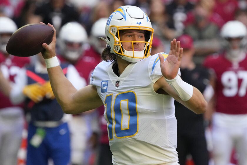 Los Angeles Chargers quarterback Justin Herbert (10) during the first half of an NFL football game.