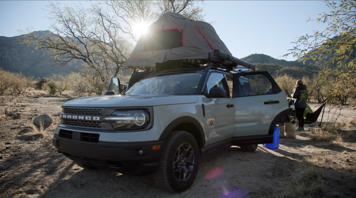 A Ford Bronco Sport SUV with a tent on top