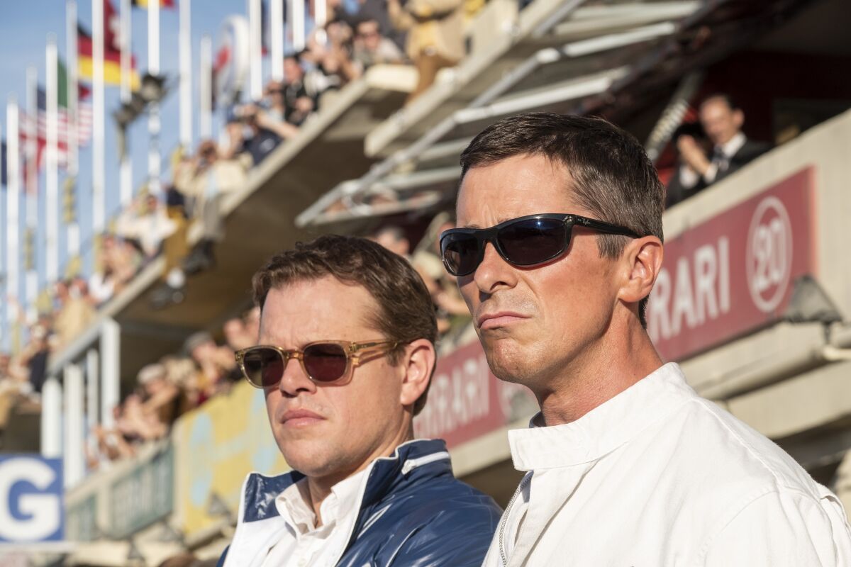 Matt Damon, left, and Christian Bale in the movie "Ford v Ferrari."