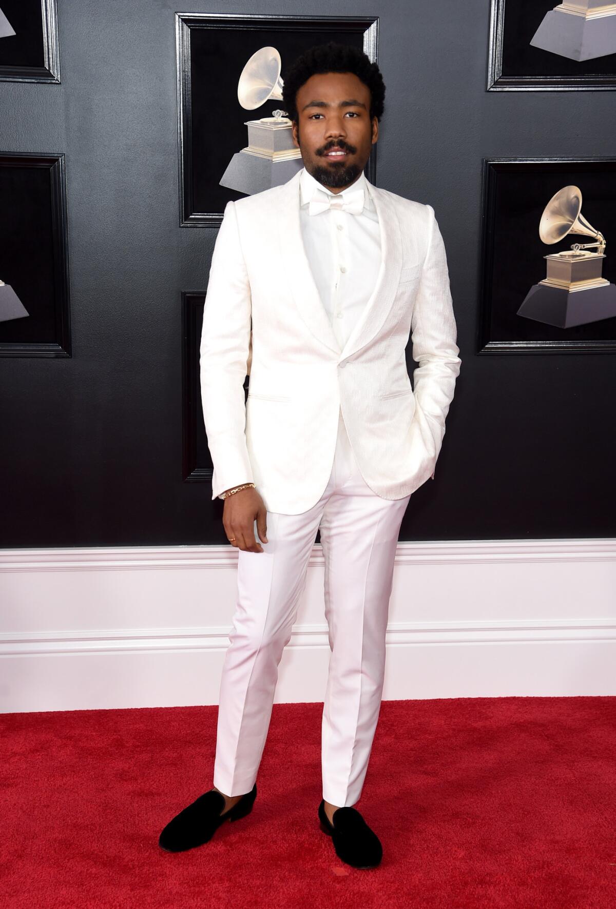 Actor and Grammy winner Donald Glover, a.k.a. Childish Gambino, dressed in all-white Ermenegildo Zegna Couture tuxedo on the Grammy Awards red carpet in New York in January.