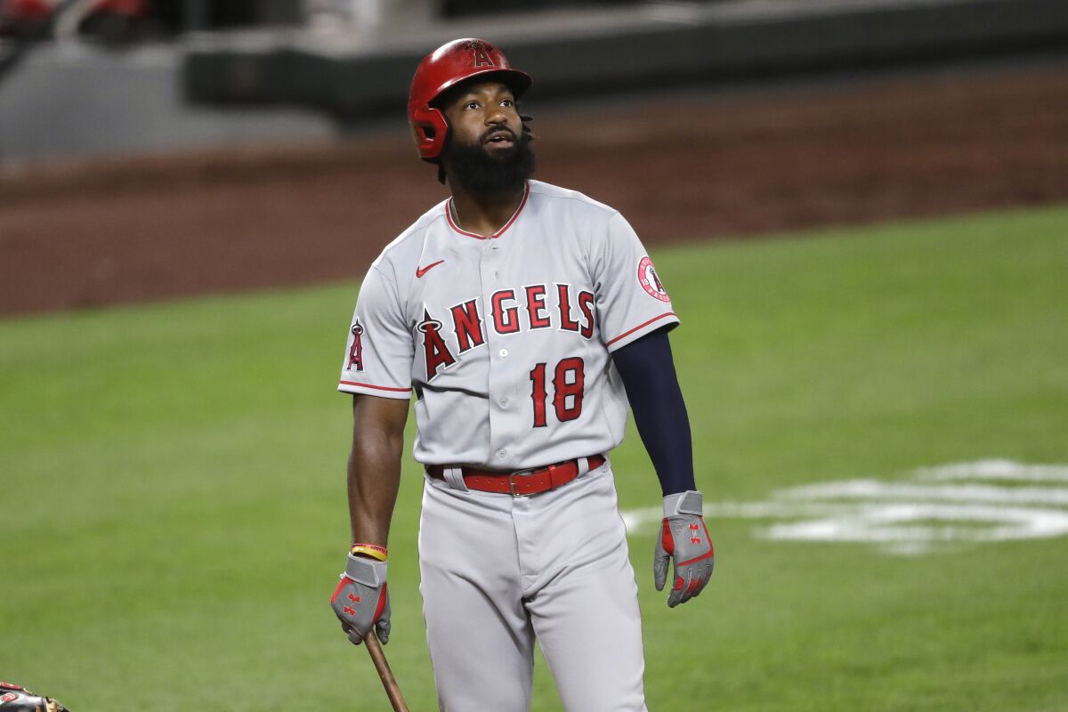 The Angels' Brian Goodwin is pictured against the Mariners on Aug. 5, 2020, in Seattle.