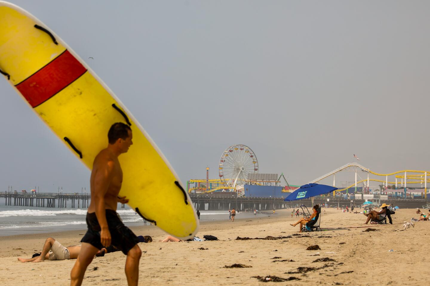 A smoky haze envelopes Santa Monica Beach.