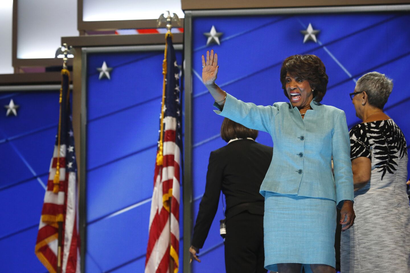 Representative Maxine Waters appears with other members of the Congressional Black Caucus on the third day of the Democratic National Convention.