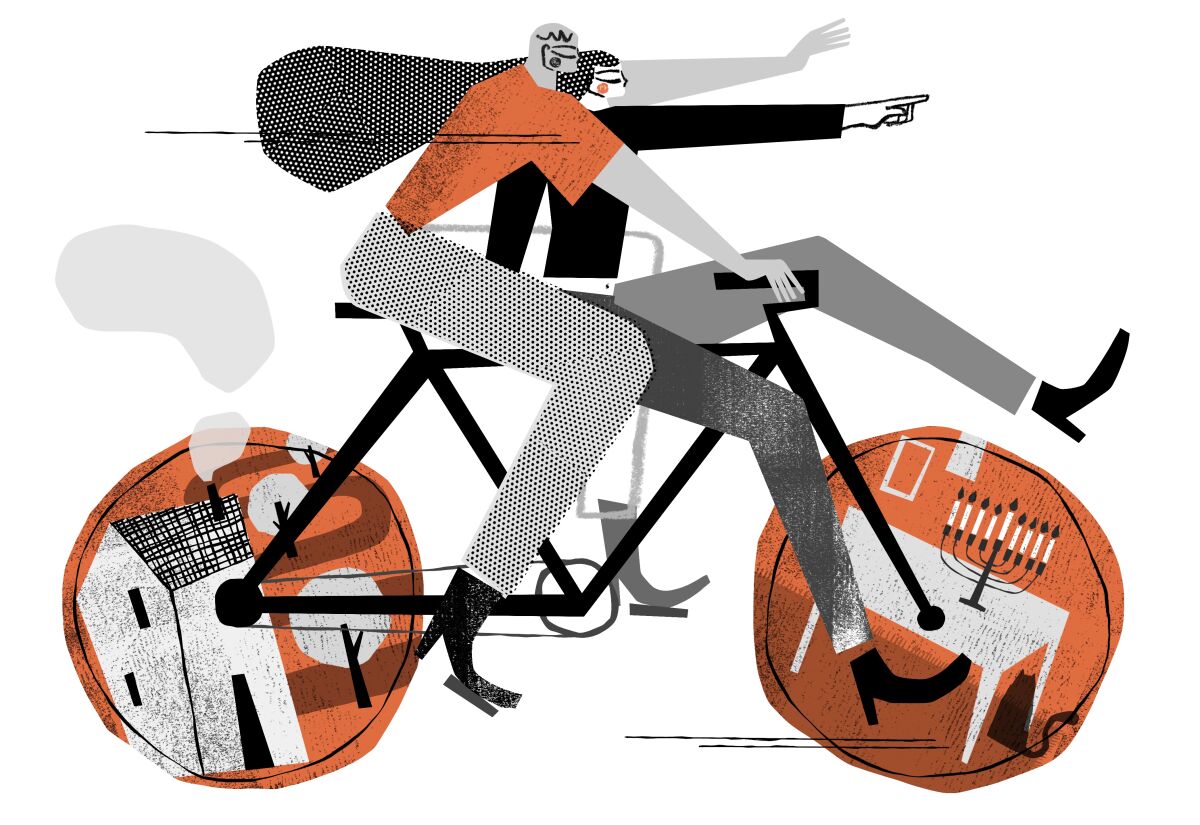Collage illustration of a man and a woman on a bicycle